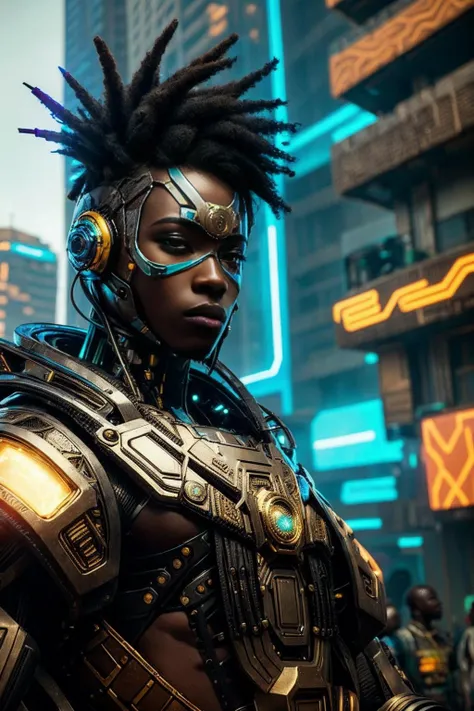 cyber_africa, cyberpunk, afrofuturism, retrofuturistic, realistic, (masterpiece:1.3), (best quality:1.3), beautiful, (intricate details), unity 8k wallpaper, ultra detailed, beautiful, aesthetic, perfect lighting, <lora:TEST:0.25>, <lora:cyber_africa:0.8>