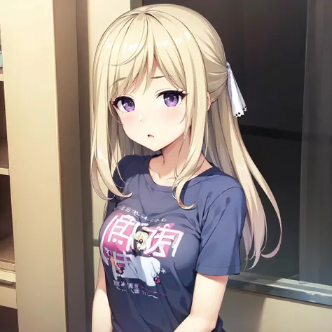 solo, Naruse Saki, blonde hair, purple eyes, hair ribbon, t-shirt, print shirt