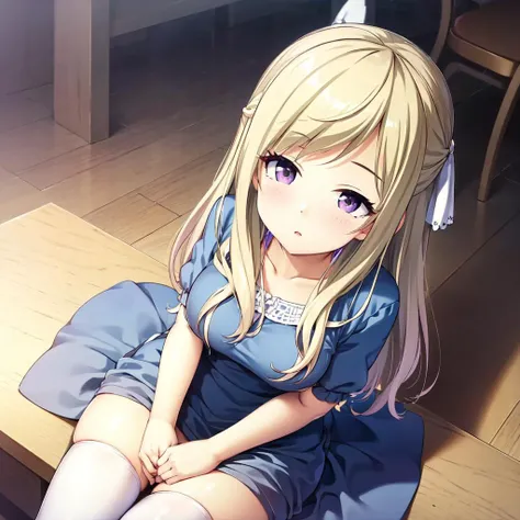 solo, Naruse Saki, blonde hair, purple eyes, hair ribbon, blue dress, long dress, white thighhighs, sitting, from above