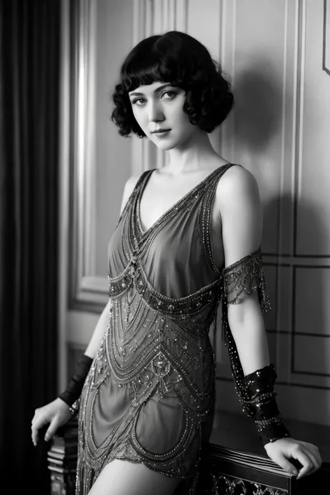 1926 black and white move still, <lora:bttyamnn:1> bttyamnn as a film actress wearing a flapper dress, , a stunning intricate full color portrait, epic character composition, by ilya kuvshinov, alessio albi, nina masic, sharp focus on eyes, natural lighting, subsurface scattering, f2, 35mm, film grain