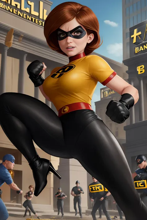 ElastigirlHelenParr <lora:ElastigirlHelenParr:0.7> in a (violent fist fight:1.5) with (several bank robbers:1.5) (jump kick:1.2)