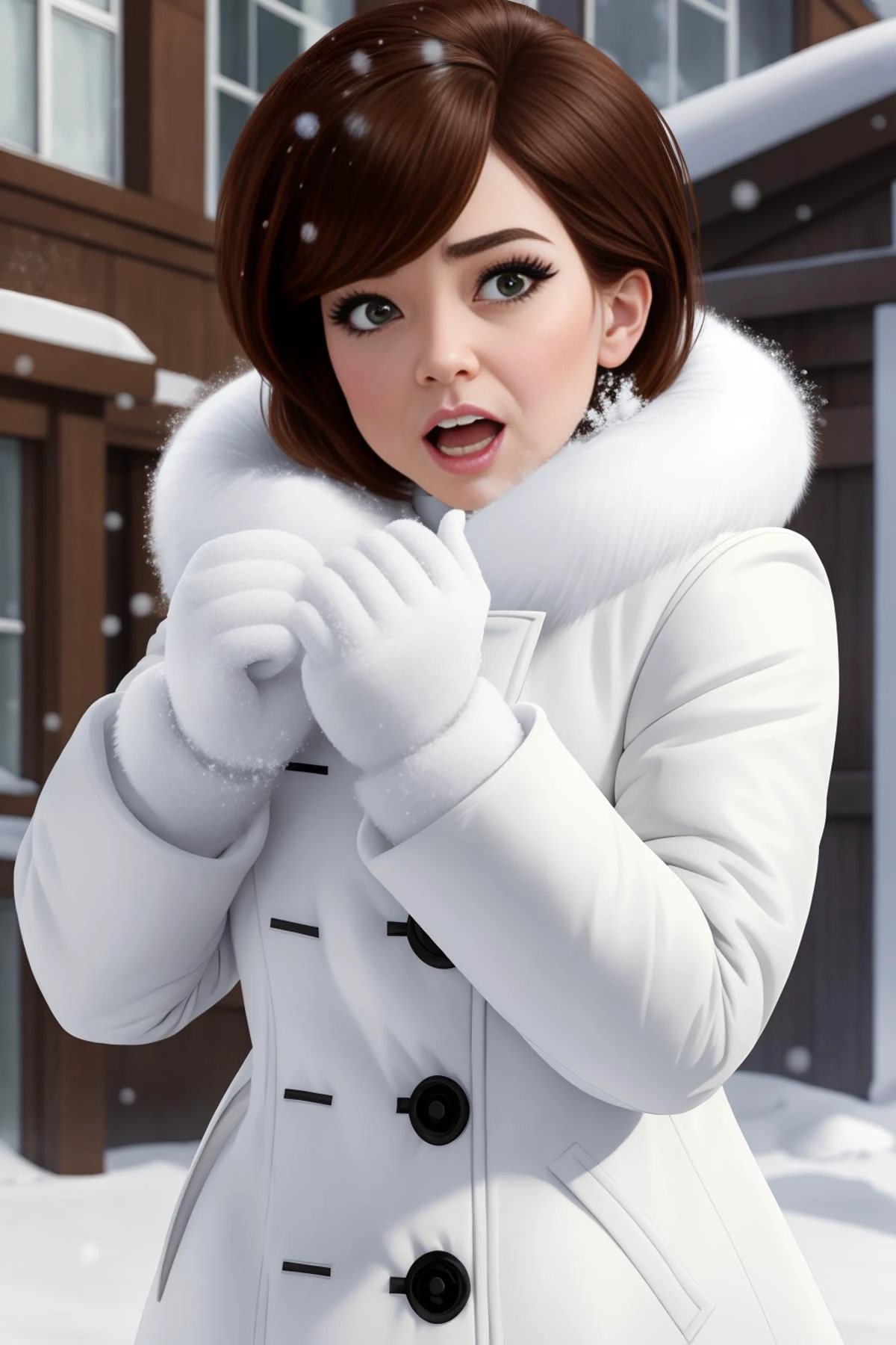 ElastigirlHelenParr <lora:ElastigirlHelenParr:0.7> in a (white fur winter coat:1.2) looking (slightly confused and surprised:0.25) (getting hit by a snowball:1.2) during a snowball fight
