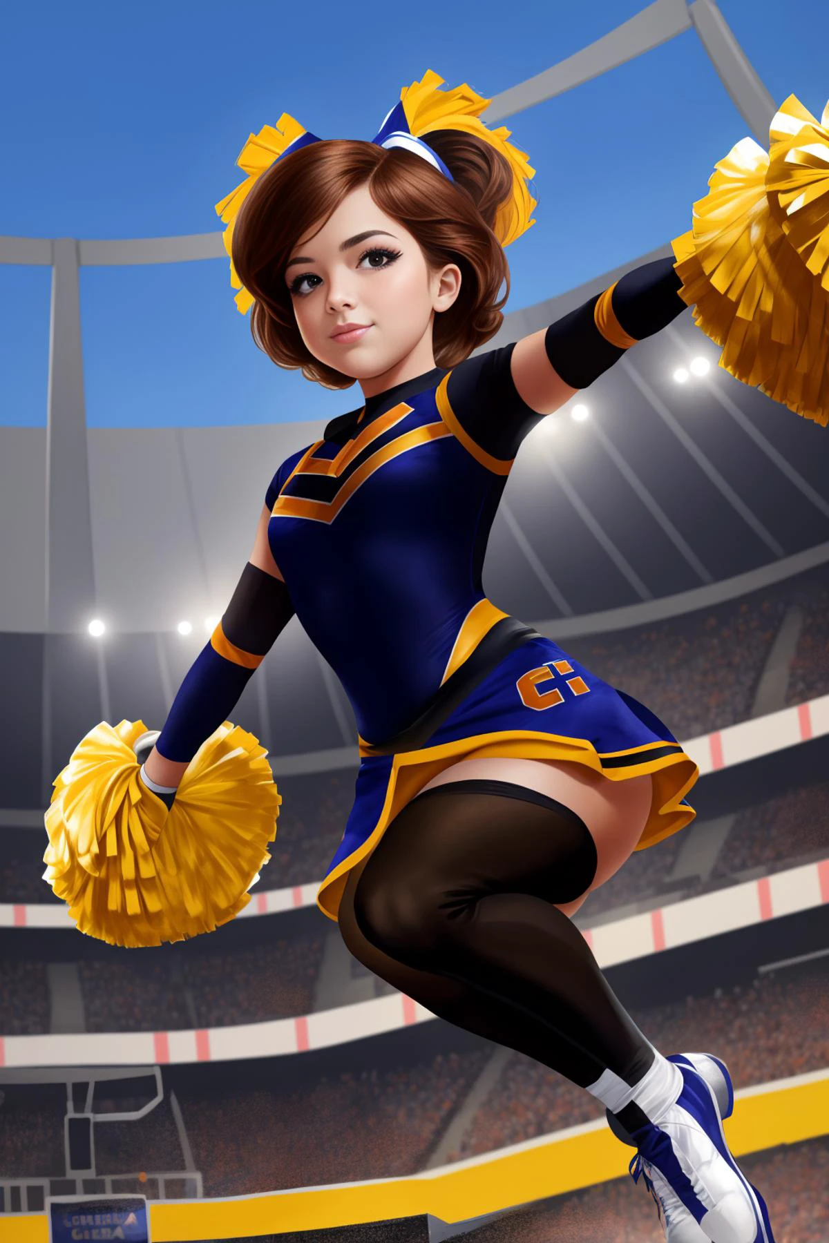 ElastigirlHelenParr <lora:ElastigirlHelenParr:0.7> jumping through the air in a (cheerleading costume:1.5)