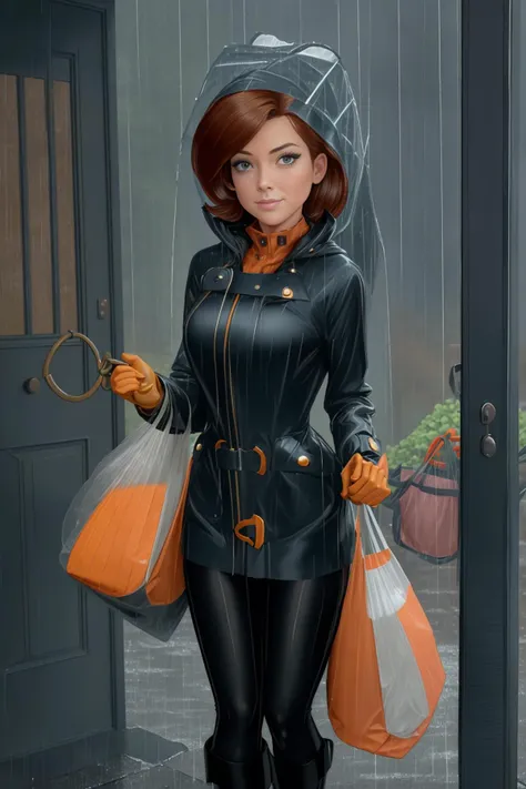 ElastigirlHelenParr <lora:ElastigirlHelenParr:0.7> wearing a (rain coat:1.5) in (rainy weather:1.5) standing at the front door of her home looking down searching for her keys while carrying (huge bags of groceries:1.5)