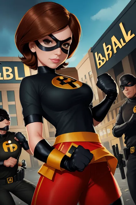 ElastigirlHelenParr <lora:ElastigirlHelenParr:0.7> in a (violent fist fight:1.5) with (several bank robbers:1.5)
