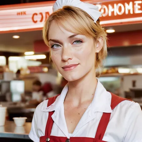 a beautiful woman, in a waitress uniform, vintage diner  hi detail, sharp focus, perfect lighting, awesome, dslr, 4k high quality. extra detail, extra sharp, magical, perfect moment, natural skin, pores, film, film grain, flare, old film, discolored film, magazine paper, 35mm photo, grainy, vignette, vintage, Kodachrome, Lomography, stained, f1.2 50m <lora:amberv_xl:1>