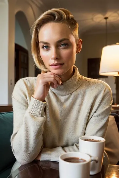 <lora:amberv41:1>1girl, super model, upper body, mature, blonde, hi top fade hair, sweater, evening, hot chocolate, pov,