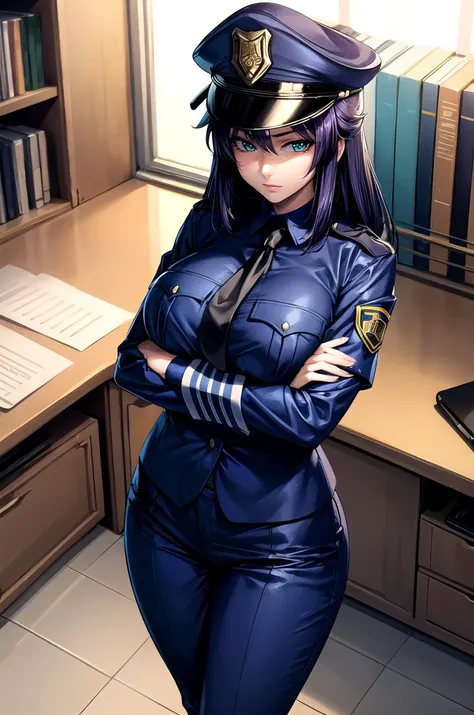 (masterpiece, best quality, detailed), 1girl, solo, looking at viewer, <lora:lieribishop-nvwls-v1:0.9> pbLieri, large breasts, policewoman, police uniform, collared shirt, blue shirt, police hat, peaked cap, armband, indoors, office, crossed arms, necktie, blue pants, from above, serious, closed mouth