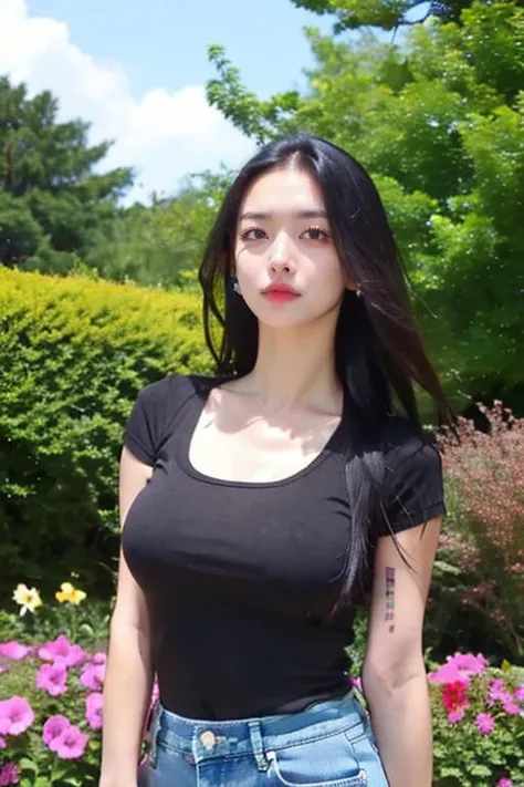<lora:mlnhe:0.8>
pretty 1girl, absurdres, 8k uhd, black hair, long hair, large breasts, black tshirt, denim shorts, garden background, flowers, magnolias, apple tree, upper body,