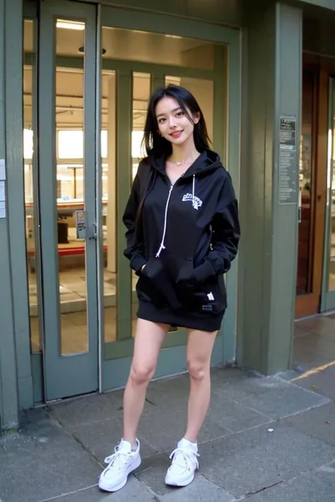<lora:mlnhe:0.8>
(RAW photo, best quality,high quality,highres), (realistic, photo-realistic), ultra-detailed,(front lighting), closed up portrait photo,physically-based rendering, 1girl,20 years old,(stand,pose,front full body),(highly detailed skin:1.3),laughing out loudly,head tilt, very very long longest hoodie,detailed hoodie,bare legs,hands in hoodie pocket, detailed eyes,air bangs,