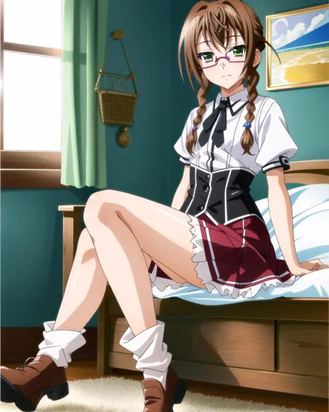 masterpiece, best quality, ultra-detailed, hires, beautiful, detailed hair and eyes,
1girl, solo, brown hair, glasses, twin braids, yellow eyes, looking at viewer, pink-framed eyewear, green eyes, Aika Kiryuu dxd, small breasts,
(dxd clothes:1.6), school uniform, skirt, white shirt, black boots, red skirt, black corset,
<lora:dxdV11-000003:0.65>,
bedroom,
full body,