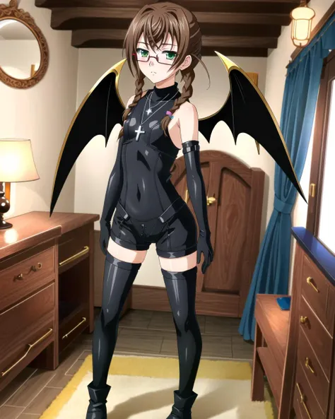 masterpiece, best quality, ultra-detailed, hires, beautiful, detailed hair and eyes,
1girl, solo, brown hair, glasses, twin braids, yellow eyes, looking at viewer,  pink-framed eyewear, green eyes, Aika Kiryuu dxd, small breasts,
(dxd outfit:1.4), elbow gloves, black gloves, covered navel,thigh boots, turtleneck,cross necklace, necklace, cross,
 <lora:dxdV11-000003:0.65>, 
bedroom,
full body,
symmetrical demon wings, small wings, dxd wings,