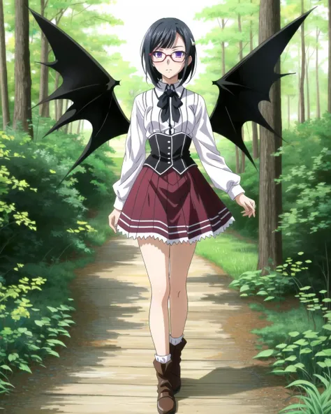masterpiece, best quality, ultra-detailed, hires, beautiful, detailed hair and eyes,
solo, 1girl, sona sitri dxd,purple eyes, glasses, black hair, short hair, small breasts,
(dxd clothes:1.4), school uniform, skirt, white shirt, (white socks), black boots, red skirt, black corset,
<lora:dxdV11-000003:0.65>,
full body, standing
forest,
symmetrical demon wings, big wings, dxd wings,