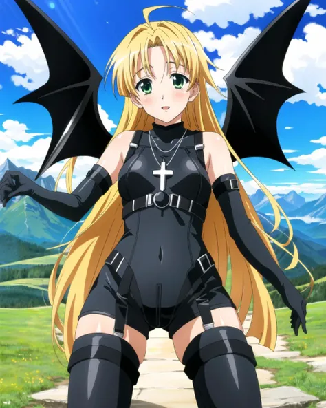 masterpiece, best quality, ultra-detailed, hires, beautiful, detailed hair and eyes,
1girl, long hair, green eyes, ahoge, asia argento dxd, blonde hair, small breasts,
(dxd outfit:1.4), elbow gloves, black gloves, covered navel,thigh boots, turtleneck, cross necklace, necklace, cross,
full body,
symmetrical demon wings, big wings, dxd wings,
<lora:dxdV11-000003:0.65>
mountain,