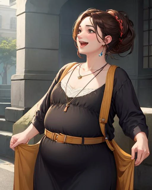 sexy, cute, comfy dress, fat, (plump:1.2), wardrobe malfunction, (flat_chest:1.2), packing on the pounds, potbelly, clothes too small, brown hair, hair up, ears visible, wide hips, laughing, belt, (best quality, masterpiece, 4k, ultra detailed, sharp focus), (realistic:1.2), professional photograph, sharp focus, dramatic, award winning, cinematic lighting, octane render, unreal engine, volumetrics dtx