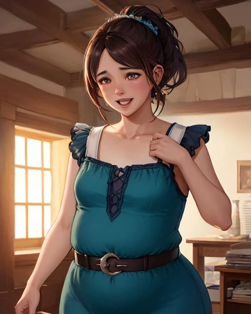 sexy, cute, comfy dress, fat, (plump:1.2), wardrobe malfunction, (flat_chest:1.2), packing on the pounds, potbelly, clothes too small, brown hair, hair up, ears visible, wide hips, laughing, belt, collarbone, love handles, (best quality, masterpiece, 4k, ultra detailed, sharp focus), (realistic:1.2), professional photograph, sharp focus, dramatic, award winning, cinematic lighting, octane render, unreal engine, volumetrics dtx