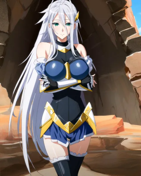 masterpiece, best quality, ultra-detailed, hires, beautiful, detailed hair and eyes,
adult woman, solo, blue eyes, rossweisse dxd, long hair, antenna hair, very long hair, large breasts, grey hair, (green eyes),
(dxd armor:1.4),
<lora:dxdV11-000003:0.7>>,
detailed background, cave,
full body,