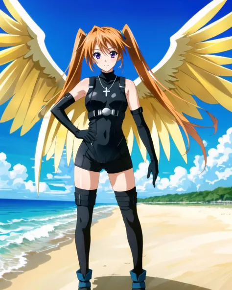 masterpiece, best quality, ultra-detailed, hires, beautiful, detailed hair and eyes,
1girl, purple eyes, Irina Shidou dxd, orange hair, long hair, medium breasts,twintails,
(dxd outfit:1.4), elbow gloves, black gloves, covered navel, black leotard, thigh boots, turtleneck, cross necklace, necklace, cross,
<lora:dxdV11-000003:0.65>,
beach,
full body,
(angel wings, white wings), symmetrical angel wings