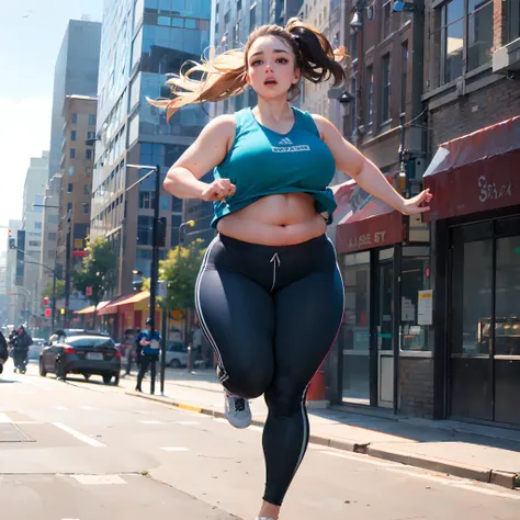 sweatpants, leather vest, 1girl, solo, full body, ([fat|chubby|bloated|thicc]:1.1), ([Brie Larson|Elizabeth Olsen]:1), big belly, thick thighs, fat arms, running in the city, dynamic, motion