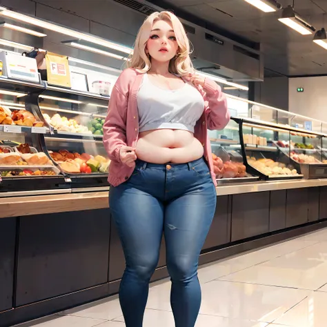 jeans, cardigan, small breasts, 1girl, solo, full body, ([fat|chubby|bloated|thicc]:1), ([Lady Gaga|Anna Kendrick]:1), big belly, thick thighs, gorging, cafeteria