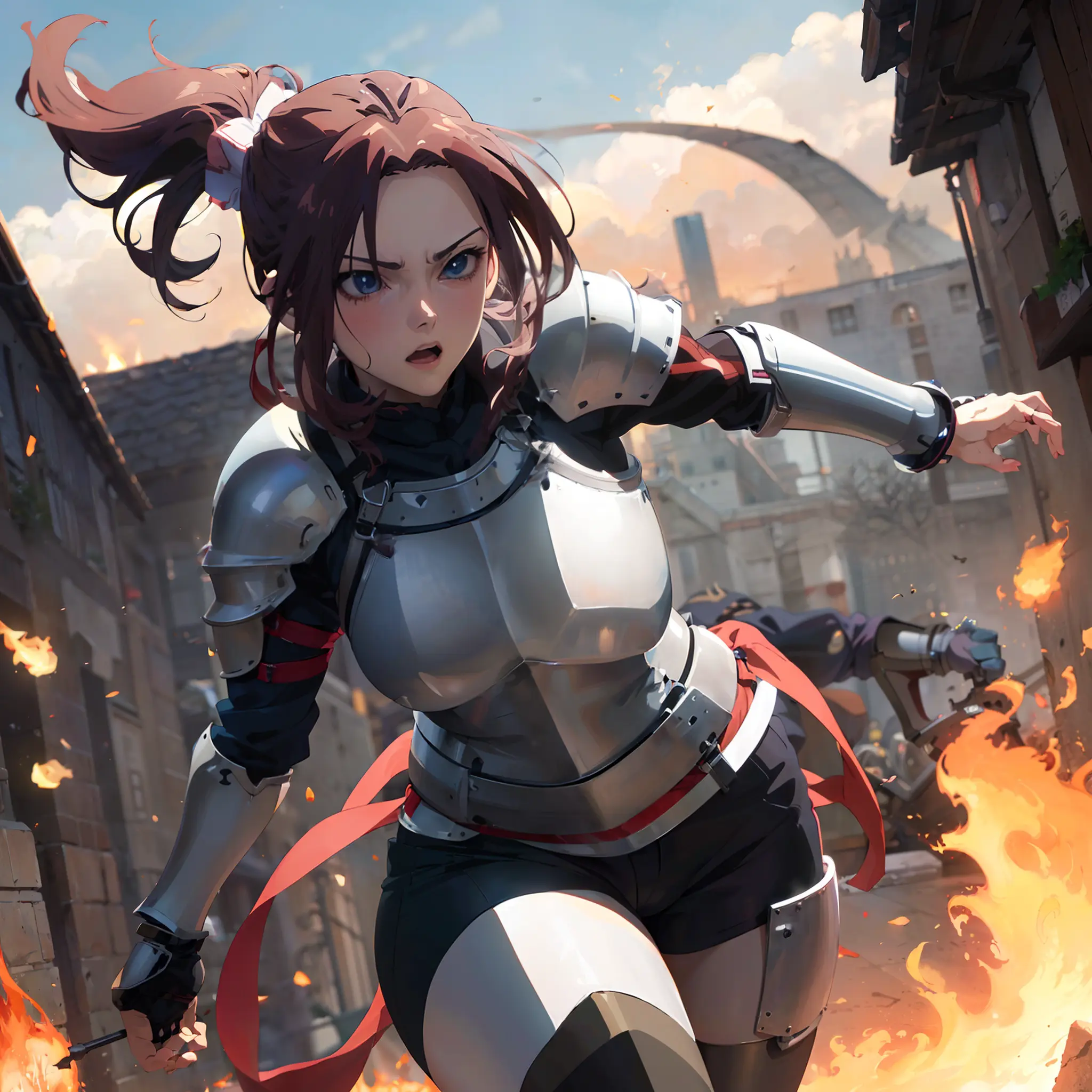 (anime:1.7), small breasts, female knight in armor, (kristen stewart), scared, ([fat|chubby|obese]:1.3), (wide hips), running from a (dragon:0.5), fire