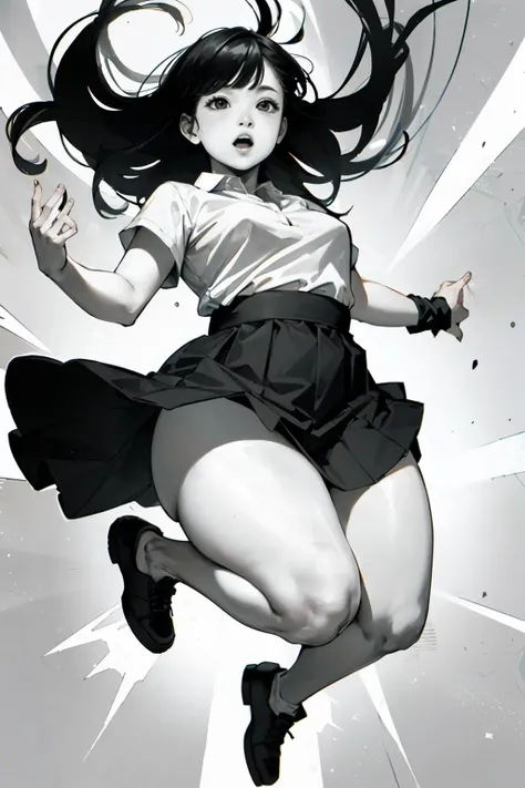 B&W, line art, pencil, Lucy Liu, (small breasts), full body, 1girl, solo, jumping, (love handles:1.25), (chubby:1.35), thigh focus, skirt, hair floating