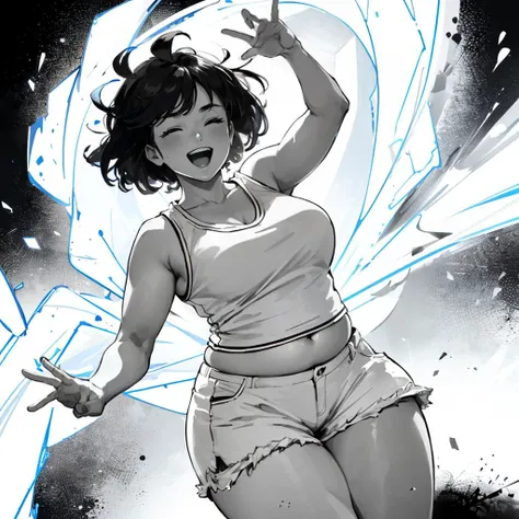 1girl, solo, (black and white:1.6), high contrast, manga, thick lines, cutoff shorts, white shorts, white sleeveless shirt, small breasts, fat arms, flabby, ([fat|chubby]:1.2), (love handles:1.4), gal gadot, short black hair, hair flip, eyes closed, smiling, dancing, energetic