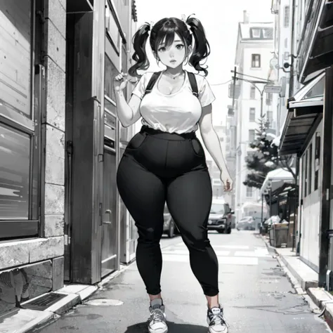 1girl, full body, manga, B&W, solo, small breasts, (chubby|fat|plump:1), (Kristen Bell), wide hips, thick thighs, tight sweatpants, suspenders, twintails, skindentation