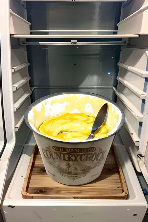 tub in the refrigerator with a spoon, sides have margarine scraped off