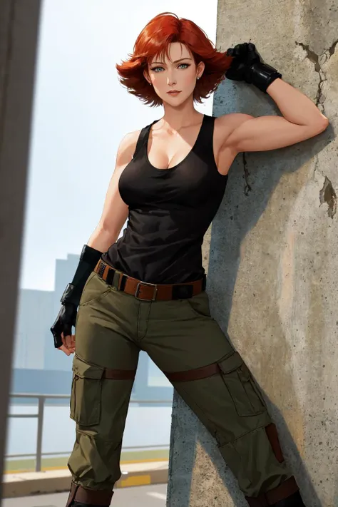 meryl, black tank top, belt, green pants, fingerless gloves, boots, woman, 1girl, solo, breasts, 1girl, detailed face, <lora:meryl-nvwls-v1-final:1> ,jail cell, cement wall, jail bed