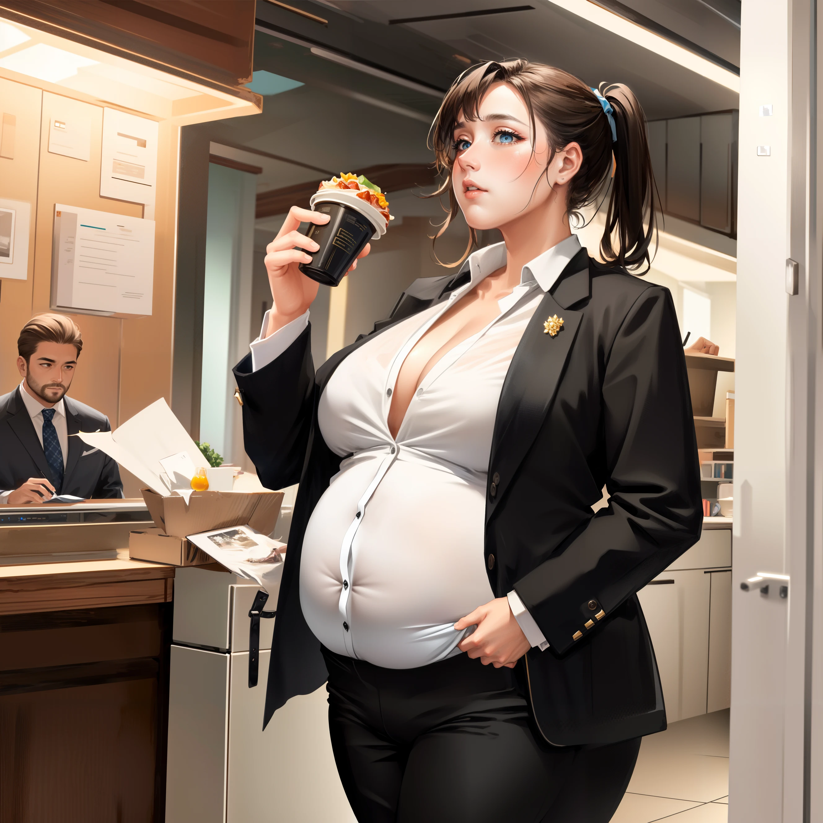greasy, sweaty, (small breasts), 1girl, solo, lawyer, (suit:1.5), (bulge), weight gain, (chubby:1.2), swollen, overweight, takeout, undersized clothes, fast food, wrappers, law office, paperwork, disheveled, manic, coffee, frazzled,, (best quality), (masterpiece:1.2), 4k ,(ultra detailed:1.2)
