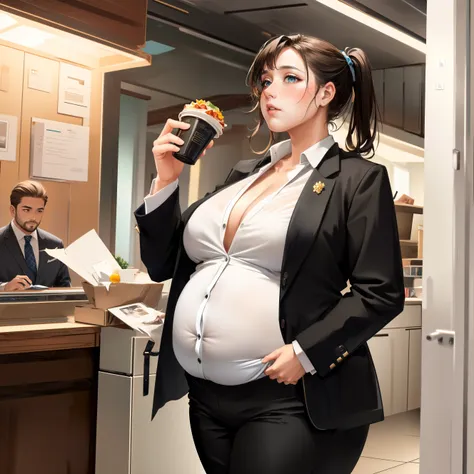 greasy, sweaty, (small breasts), 1girl, solo, lawyer, (suit:1.5), (bulge), weight gain, (chubby:1.2), swollen, overweight, takeout, undersized clothes, fast food, wrappers,  law office, paperwork, disheveled, manic, coffee, frazzled,, (best quality), (masterpiece:1.2), 4k ,(ultra detailed:1.2)