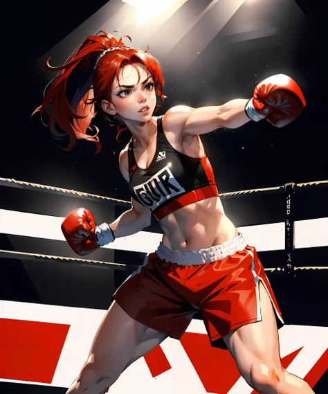 masterpiece, high quality, sharp focus, a boxer girl, wearing boxing attire, red hair in a ponytail, perfect face, perfect jawline, in a boxing ring, textured skin, beautiful lips, bright black eyes, dynamic pose, full-body shot, damp and humid atmosphere, 8k, uhd, absurdres  <lora:epiNoiseoffset_v2:1>