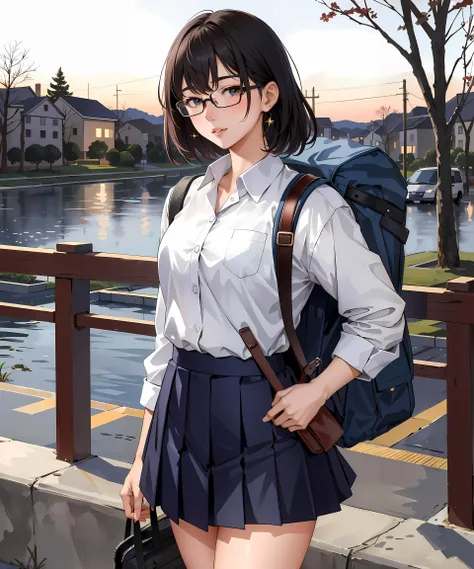 masterpiece, high quality, sharp focus, a slim 22yo korean student, wearing glasses, school clothes, carrying backpack, nice thighs, perfect face, perfect jawline, textured skin, beautiful lips, warm lighting, park scene, cool atmosphere, starry night, 8k, uhd, absurdres