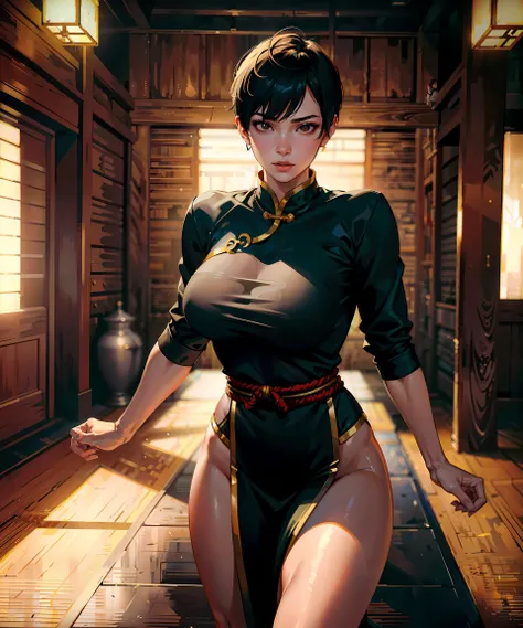 masterpiece, high quality, sharp focus, a martial artist girl, wearing kung fu attire, short black hair, tomboy buzz haircut, perfect face, perfect jawline, in a dojo, textured skin, beautiful lips, bright black eyes, dim ring lighting, full-body shot, cinematic lighting, damp and humid atmosphere, 8k, uhd, absurdres <lora:lightAndShadow_v10:0.45>