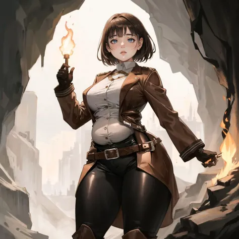 (chubby:1.5),(small breasts), (wide hips), woman with brown eyes, wearing a brown leather tunic and breeches, standing in a cave, holding a torch, (best quality), (masterpiece:1.2), 4k ,(ultra detailed:1.2)