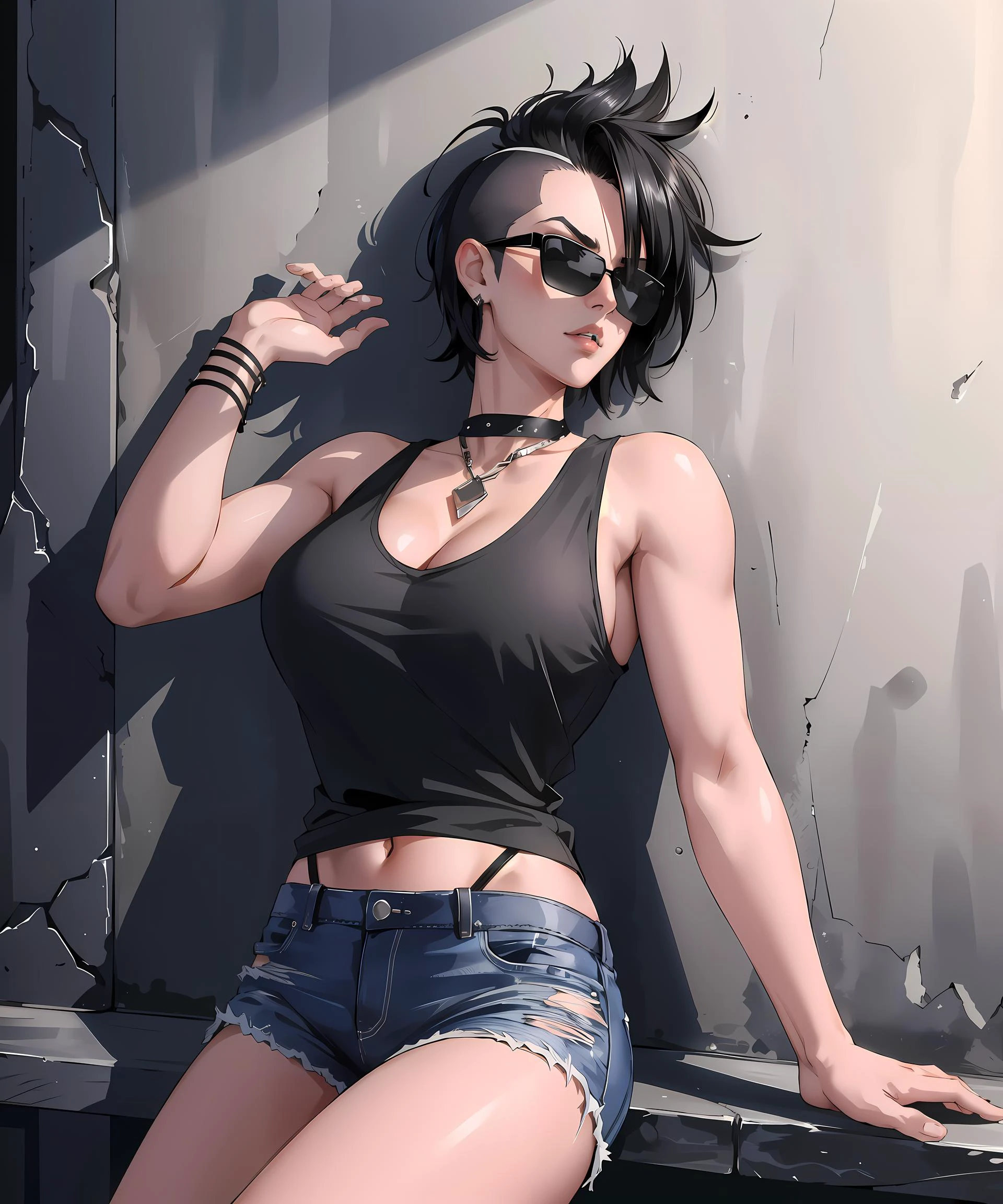 masterpiece, high quality, sharp focus, a goth woman, black hair, mohawk haircut, wearing a tank-top and ripped jeans, sunglasses, perfect face, perfect jawline, textured skin, beautiful lips, cowboy shot, leaning against a wall, night time, cold lighting, cool atmosphere, 8k, uhd, absurdres