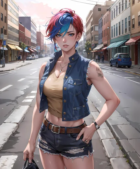 masterpiece, high quality, sharp focus, an american punk woman, rainbow-colored hair, wearing a vest and shorts, perfect face, perfect jawline, textured skin, beautiful lips, cowboy shot, on a city street, cold lighting, cool atmosphere, 8k, uhd, absurdres