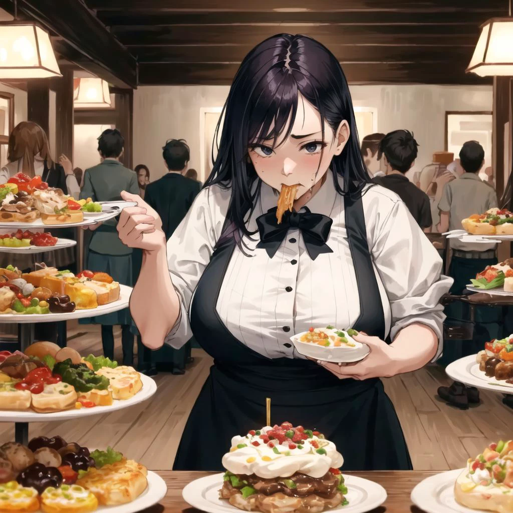 (desperate, hungry, starving, ravenous, insatiable:1.5), chubby woman at a party, standing next to the buffet table. She fills her plate with food and starts eating. She finishes her plate and goes back for seconds., (best quality), (masterpiece:1.2), 4k ,(ultra detailed:1.2)
