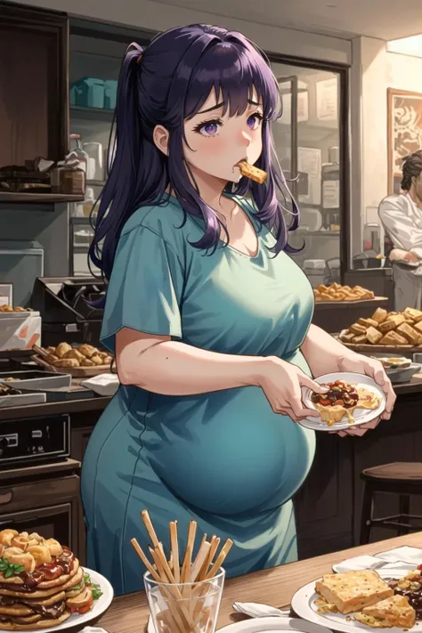 small breasts, (desperate, hungry, starving, insatiable:1.5), standing, (chubby:1.3) woman at a party, eating all of the snacks. She finishes the snacks and starts eating the food off of the plates of other guests, purple hair, greasy, (best quality), (masterpiece:1.2), 4k ,(ultra detailed:1.2)