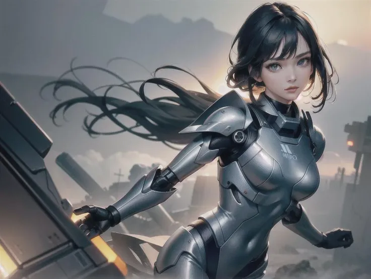 outdoor, ((upper body)), ((( wearing gray and black nano-suits)))+++, (wide hip:0.7, large breasts:0.8, perfect slender young girl body) ,Perfectly glossy skin ,25 yo mature girl, , picture of a vivid, (masterpiece:1.2),(extremely detailed),(8k:1.1),(perfect lighting,best quality,highres,original),(realistic photography:1.4) ,high detailed skin,shaded face, soft lighting, (small face),RAW, ultra highres, pores visible, , shiny_and_glossy_skin, asian beauty, (gorgeous beautiful 20 years old asian girl), ((best detailed slender body)), (asian idol, asian beauty, asian mixed), (complex, Machine background ,spaceship outdoors background, Mecha Transport parts:1.2), (dark and foggy environment:1.1), ((heavy fog environment:1.1)), (battlefield behind:1.2), <lora:JapaneseDollLikeness_v15:0.3>
