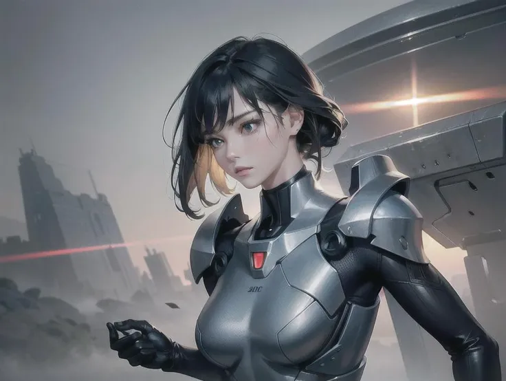 outdoor, ((upper body)), ((( wearing gray and black nano-suits)))+++, (wide hip:0.7, large breasts:0.8, perfect slender young girl body) ,Perfectly glossy skin ,25 yo mature girl, , picture of a vivid, (masterpiece:1.2),(extremely detailed),(8k:1.1),(perfect lighting,best quality,highres,original),(realistic photography:1.4) ,high detailed skin,shaded face, soft lighting, (small face),RAW, ultra highres, pores visible, , shiny_and_glossy_skin, asian beauty, (gorgeous beautiful 20 years old asian girl), ((best detailed slender body)), (asian idol, asian beauty, asian mixed), (complex, Machine background ,spaceship outdoors background, Mecha Transport parts:1.2), (dark and foggy environment:1.1), ((heavy fog environment:1.1)), (battlefield behind:1.2), <lora:JapaneseDollLikeness_v15:0.3>