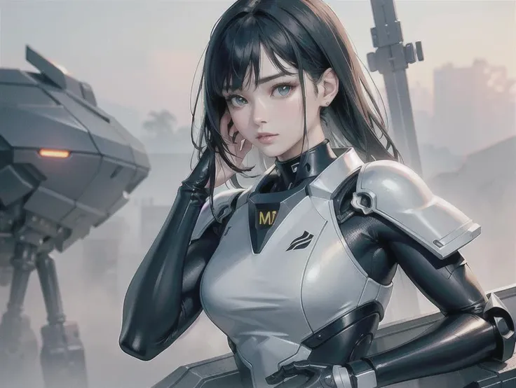 outdoor, ((upper body)), ((( wearing gray and black nano-suits)))+++, (wide hip:0.7, large breasts:0.8, perfect slender young girl body) ,Perfectly glossy skin ,25 yo mature girl, , picture of a vivid, (masterpiece:1.2),(extremely detailed),(8k:1.1),(perfect lighting,best quality,highres,original),(realistic photography:1.4) ,high detailed skin,shaded face, soft lighting, (small face),RAW, ultra highres, pores visible, , shiny_and_glossy_skin, asian beauty, (gorgeous beautiful 20 years old asian girl), ((best detailed slender body)), (asian idol, asian beauty, asian mixed), (complex, Machine background ,spaceship outdoors background, Mecha Transport parts:1.2), (dark and foggy environment:1.1), ((heavy fog environment:1.1)), (battlefield behind:1.2), <lora:JapaneseDollLikeness_v15:0.3>