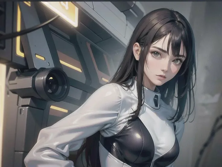 outdoor, ((upper body)), ((( wearing gray and black nano-suits)))+++, (wide hip:0.7, large breasts:0.8, perfect slender young girl body) ,Perfectly glossy skin ,25 yo mature girl, , picture of a vivid, (masterpiece:1.2),(extremely detailed),(8k:1.1),(perfect lighting,best quality,highres,original),(realistic photography:1.4) ,high detailed skin,shaded face, soft lighting, (small face),RAW, ultra highres, pores visible, , shiny_and_glossy_skin, asian beauty, (gorgeous beautiful 20 years old asian girl), ((best detailed slender body)), (asian idol, asian beauty, asian mixed), (complex, Machine background ,spaceship outdoors background, Mecha Transport parts:1.2), (dark and foggy environment:1.1), ((heavy fog environment:1.1)), (battlefield behind:1.2), <lora:JapaneseDollLikeness_v15:0.3>