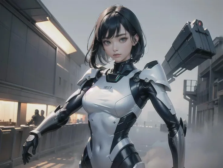outdoor, ((upper body)), ((( wearing gray and black nano-suits)))+++, (wide hip:0.7, large breasts:0.8, perfect slender young girl body) ,Perfectly glossy skin ,25 yo mature girl, , picture of a vivid, (masterpiece:1.2),(extremely detailed),(8k:1.1),(perfect lighting,best quality,highres,original),(realistic photography:1.4) ,high detailed skin,shaded face, soft lighting, (small face),RAW, ultra highres, pores visible, , shiny_and_glossy_skin, asian beauty, (gorgeous beautiful 20 years old asian girl), ((best detailed slender body)), (asian idol, asian beauty, asian mixed), (complex, Machine background ,spaceship outdoors background, Mecha Transport parts:1.2), (dark and foggy environment:1.1), ((heavy fog environment:1.1)), (battlefield behind:1.2), <lora:JapaneseDollLikeness_v15:0.3>