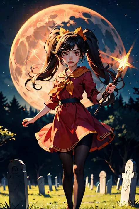 ashley (warioware), black twintails, long hair, orange hairband, orange neckerchief, red eyes,red dress, skull ornament, pantyhose, looking at viewer, serious, medium shot, 
standing, holding a scepter, outside, graveyard, tombstone, night, moon, dark, high quality, masterpiece,  <lora:AshleyFinalV2:.9>