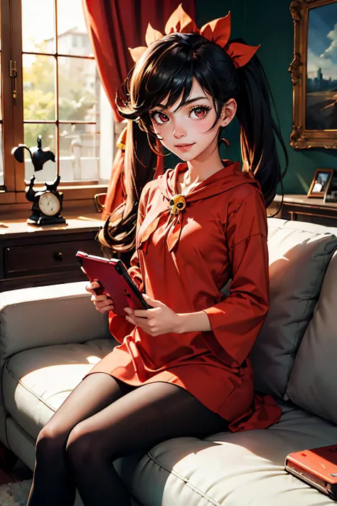 ashley (warioware), black twintails, long black hair, orange hairband, orange neckerchief, red eyes,red dress, skull ornament, pantyhose, looking at viewer, serious, smiling, 
sitting, inside a cozy living room, holding a tablet, soft lighting, on large sofa, high quality, masterpiece,  <lora:AshleyFinalV2:.9>
