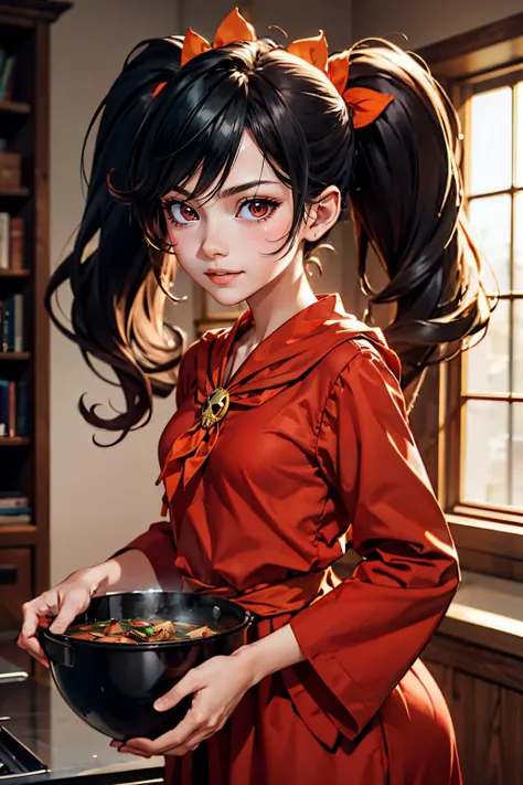 ashley (warioware), black twintails, long hair, orange hairband, orange neckerchief, red eyes,red dress, skull ornament, pantyhose, looking at viewer, serious, evil grin, medium shot,
inside a small room,holding a bowl of stew, high quality, masterpiece, <lora:AshleyFinalV2:.9>
