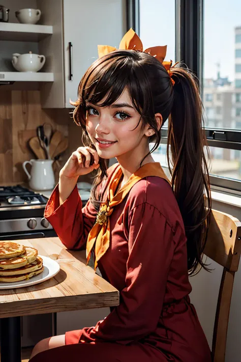 ashley (warioware), black twintails, long hair, orange hairband, orange neckerchief, red eyes,red dress, skull ornament, looking at viewer, smiling, serious, upper body shot,
sitting behind a table, inside a comfy kitchen, table full of food, pancakes, window, morning, high quality, masterpiece, <lora:AshleyFinalV2:1>