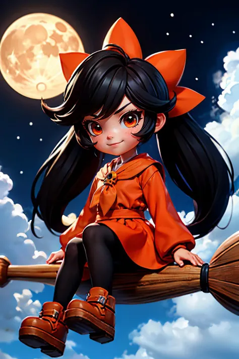 ashley (warioware), black twintails, long black hair, orange hairband, orange neckerchief, red eyes,red dress, skull ornament, pantyhose, red clogs, looking serious, smiling,
flying, sitting on broomstick, from_below, night sky, moon, clouds, high quality, masterpiece, <lora:AshleyFinalV2:.9>